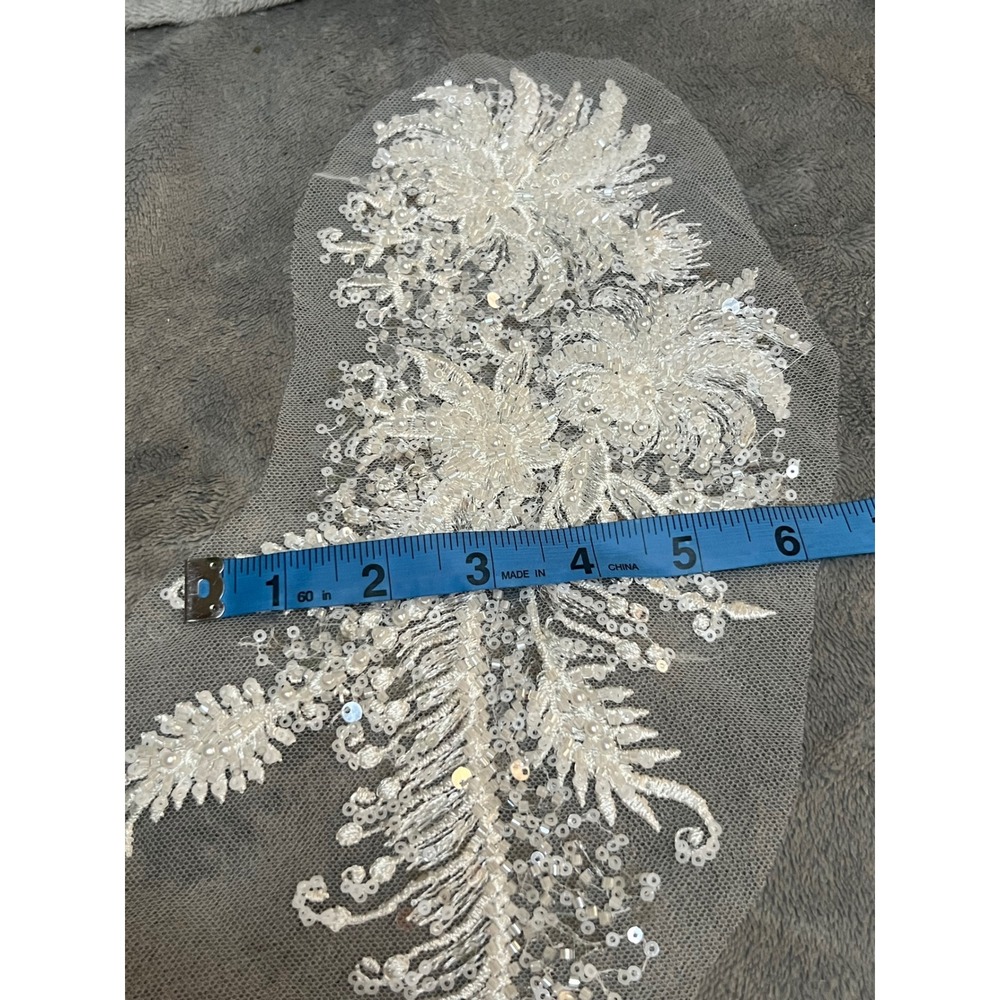 Pair Ivory Beaded Floral Lace Appliques Sequin Pearl Bridal Gown Trim 15" - Picture 4 of 5